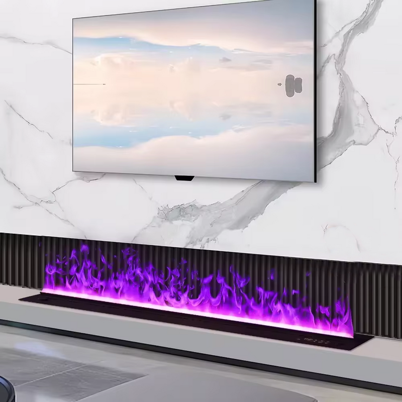 electric fireplace insert with Purple Flame in living room