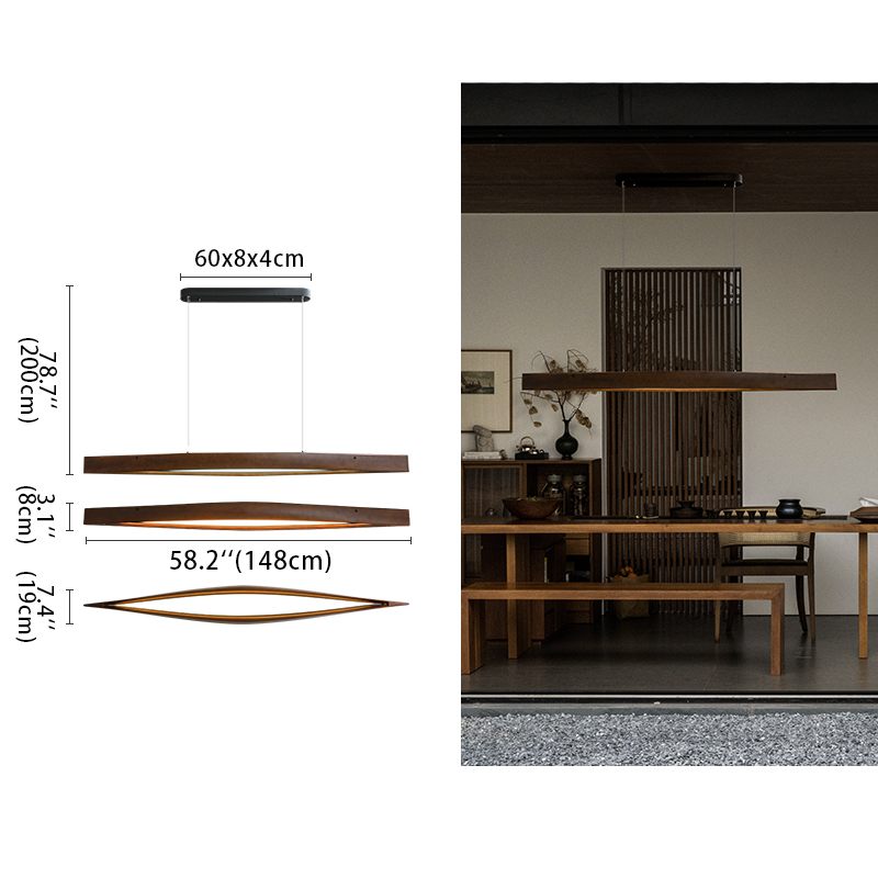 Lris Brown Color Wooden Pendant Light dimensions and scene graphic display.