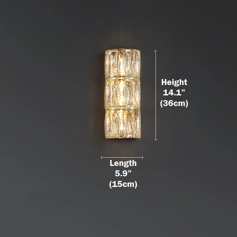 Medium size of crystal wall sconce, the height and length of crystal lighting are 14.1 and 5.9 inch.